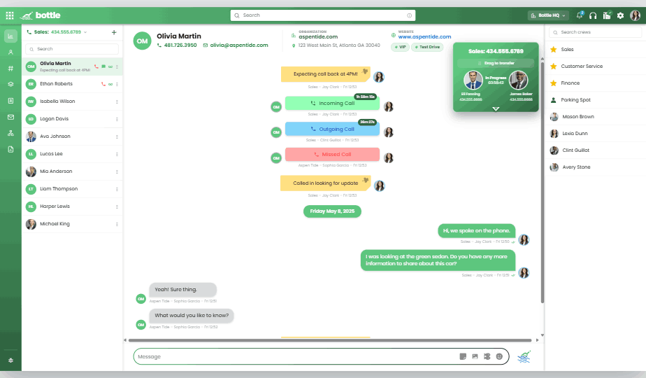 Bottle workspace with a live call, drag-to-transfer and messaging